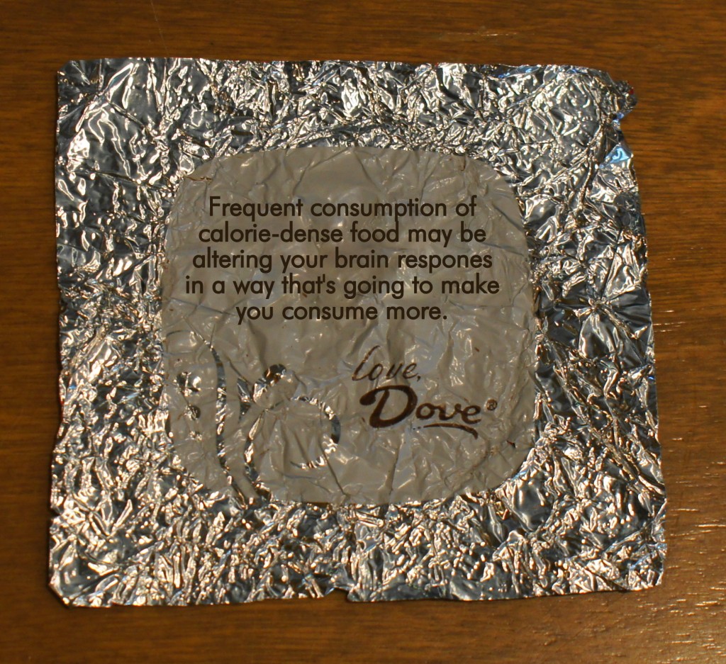 dove chocolate wrapper altered to say "frequent consumption of calorie-dense food . . ."